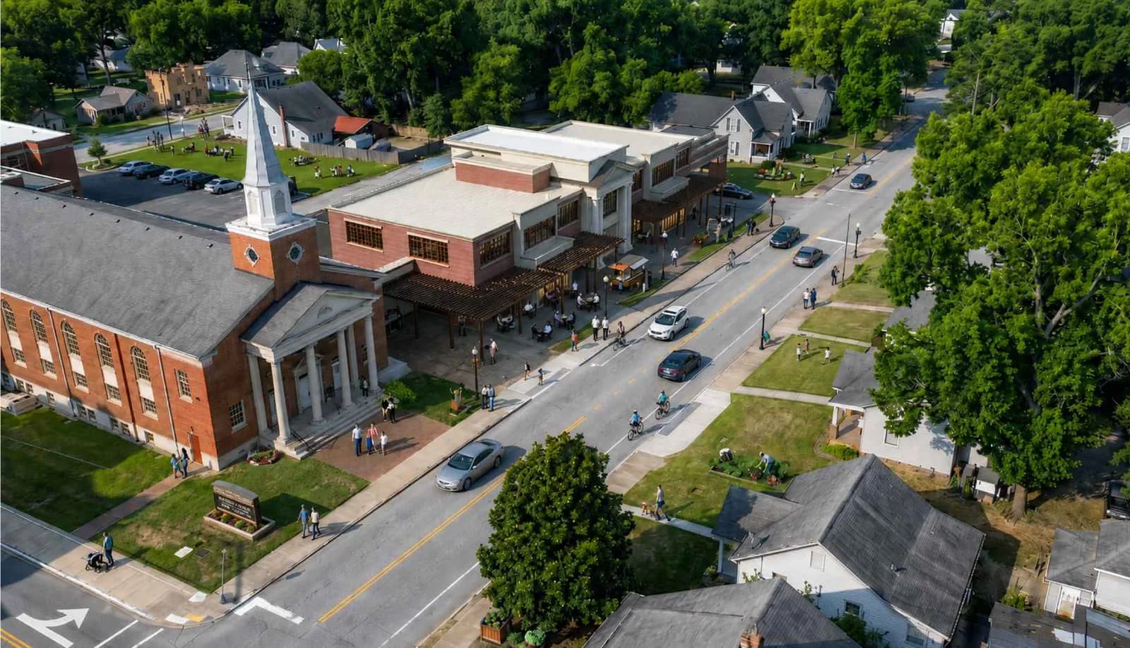 Aerial rendering showing the proposed 1100 Lischey redevelopment in relation to the existing church, Lischey Avenue, and nearby homes.