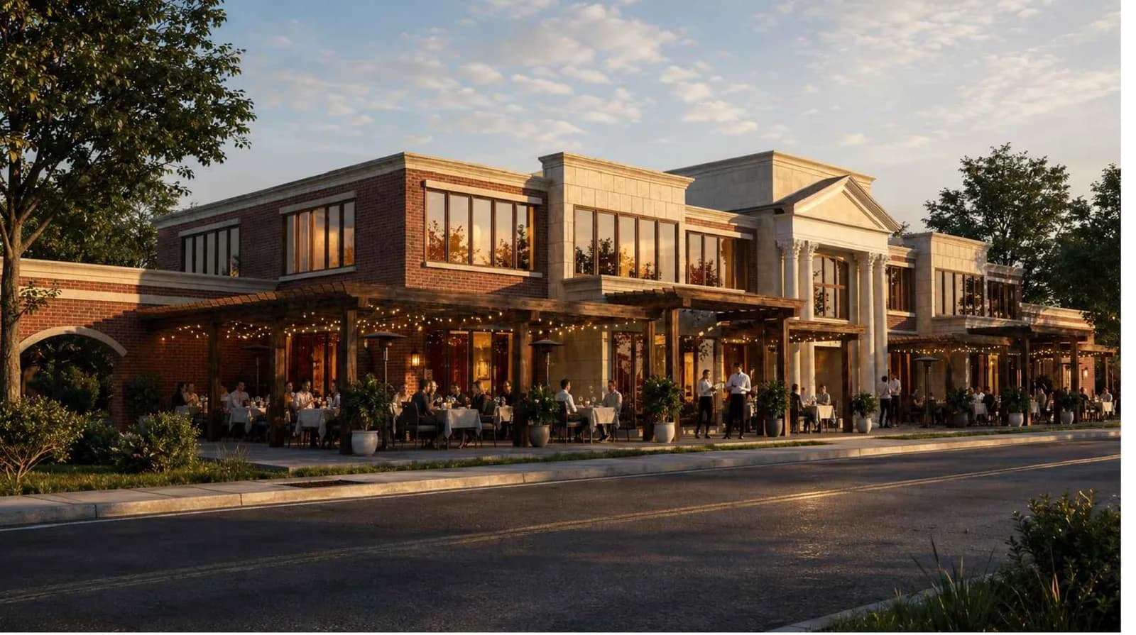 Architectural rendering of the proposed 1100 Lischey office and restaurant building along Lischey Avenue.