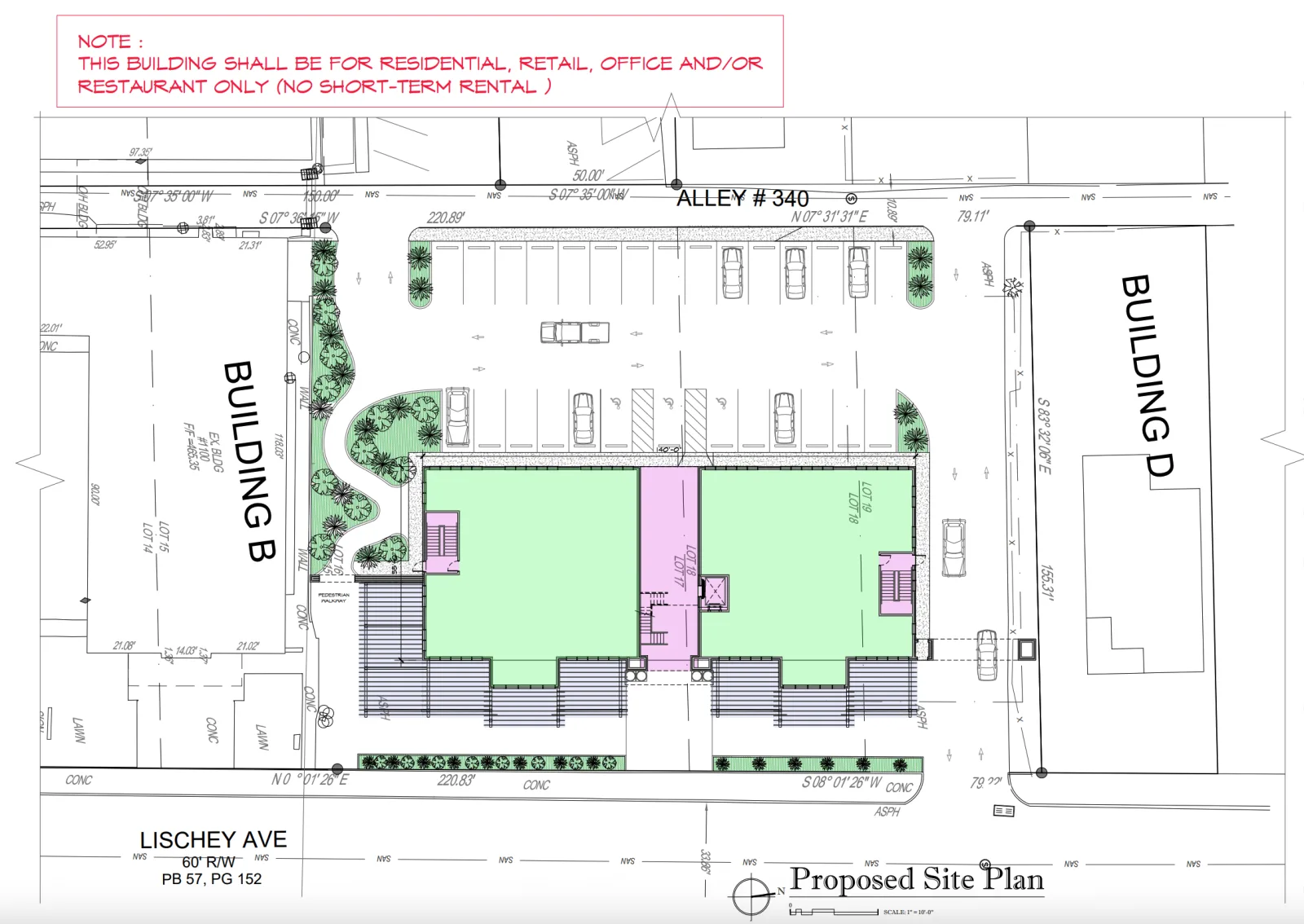 Annotated site plan for 1100 Lischey showing the proposed development area, Lischey Avenue, Evanston Avenue, the alley, and the note that this building shall be for residential, retail, office, and/or restaurant only, with no short-term rental.