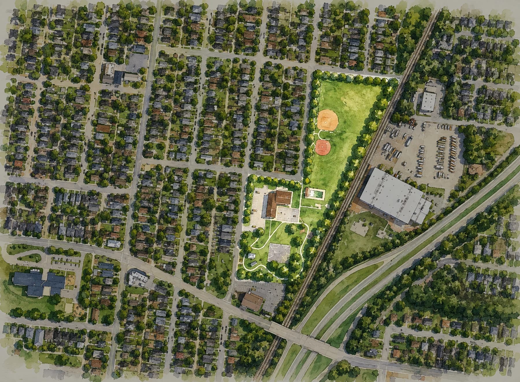 A watercolor aerial illustration of Cleveland Park and the surrounding neighborhood